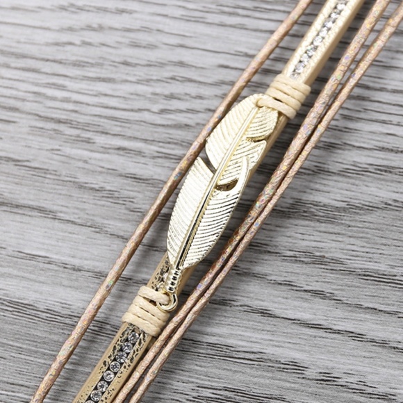 Beige Druzy Crystal Feather Leather Wrap Bracelet - Picture 2 of 6